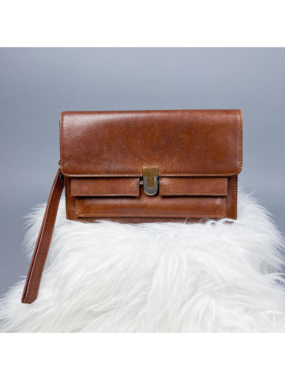 70's Genuine Leather Brown Clutch Wristlet Bag